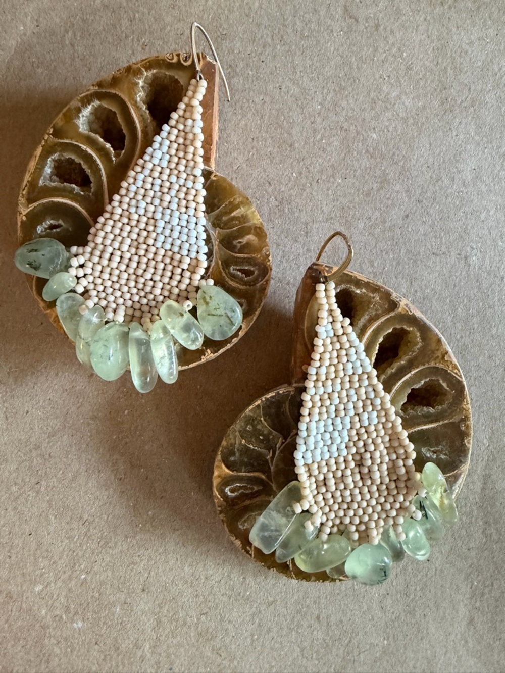 Beaded Glass Seed Bead Teardrop Earrings with Light Green Chalcedony/Agate